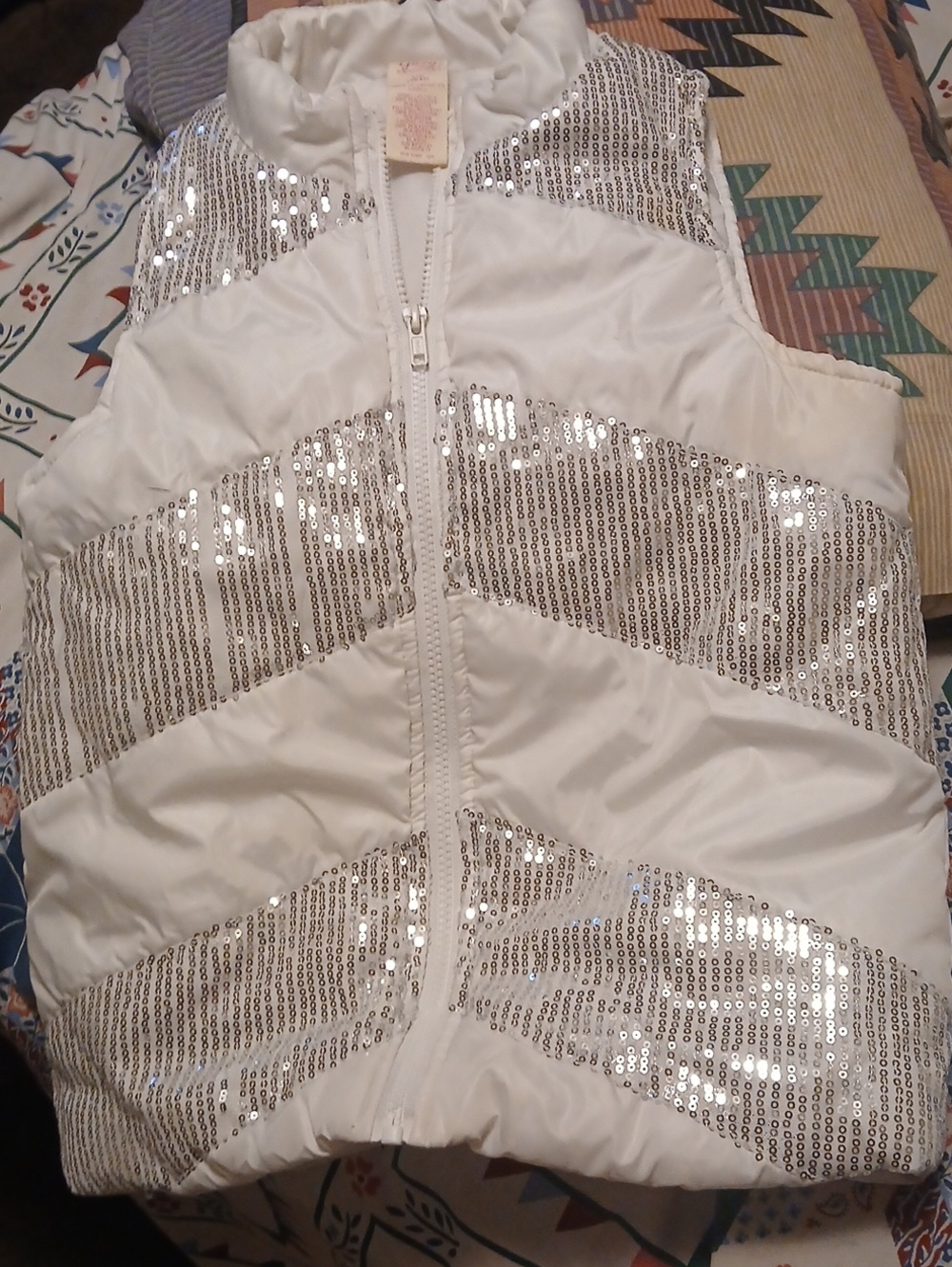 Faded Glory White Sequin Chevron Puffer Vest